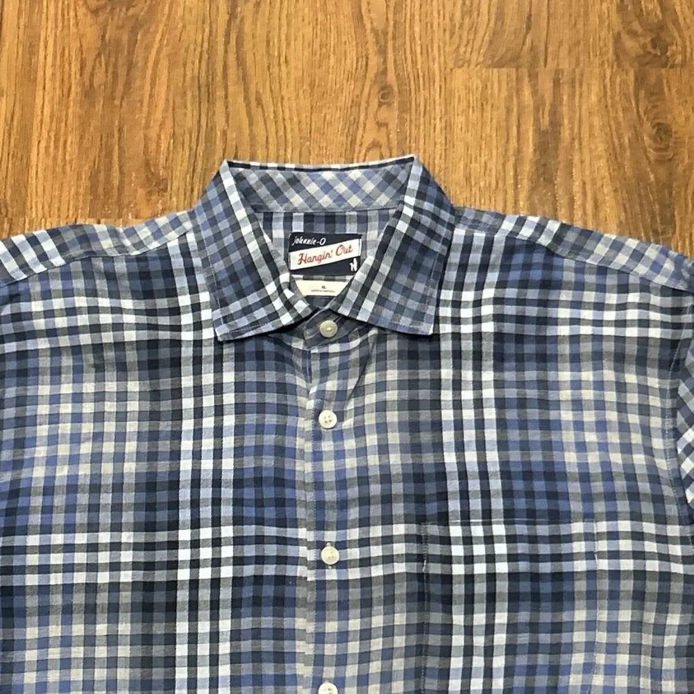 Johnnie-O Dress Shirt Mens XL BLue Plaid Cotton Hangin' Out Button Up